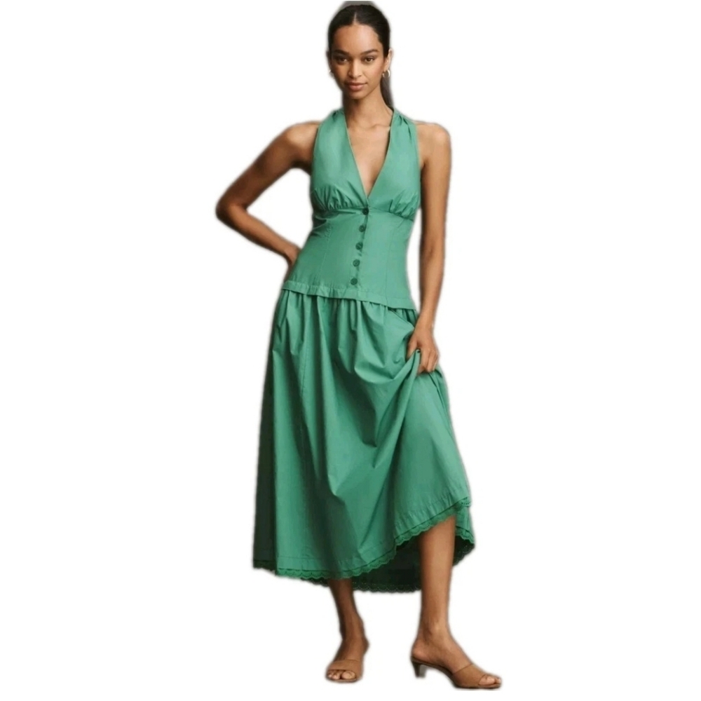 Anthropologie Maeve Halter Vneck Sleeveless Drop Waist Midi Dress Green Sz: XL